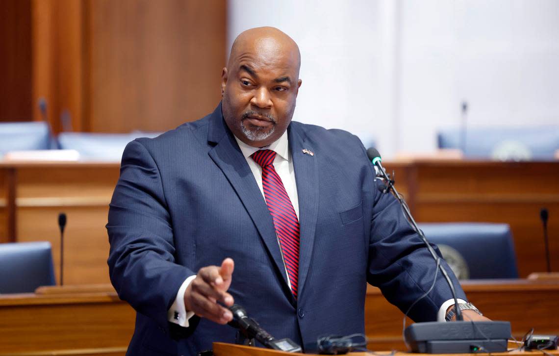 Lt. Gov. Mark Robinson speaks during a press conference at the Legislative Building in Raleigh, N.C., Thursday, Oct. 12, 2023.