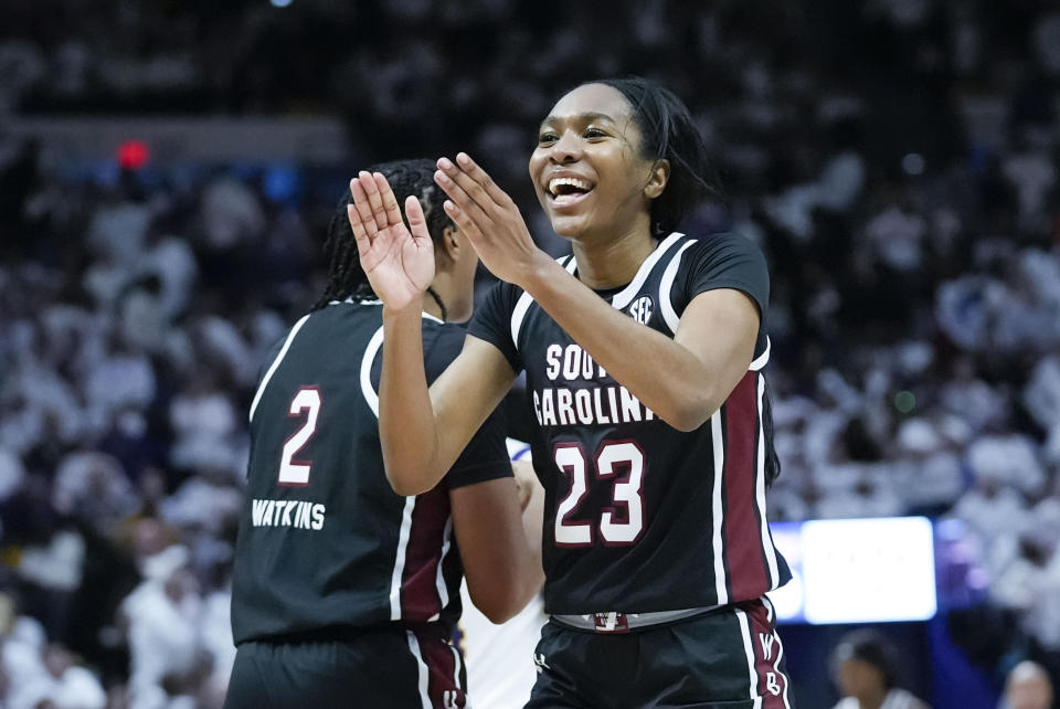 South Carolina guard Bree Hall (23) celebrates in the final moments in the second half an NCAA college basketball game against LSU in Baton Rouge, La., Thursday, Jan. 25, 2024. South Carolina won 76-70. (AP Photo/Gerald Herbert)