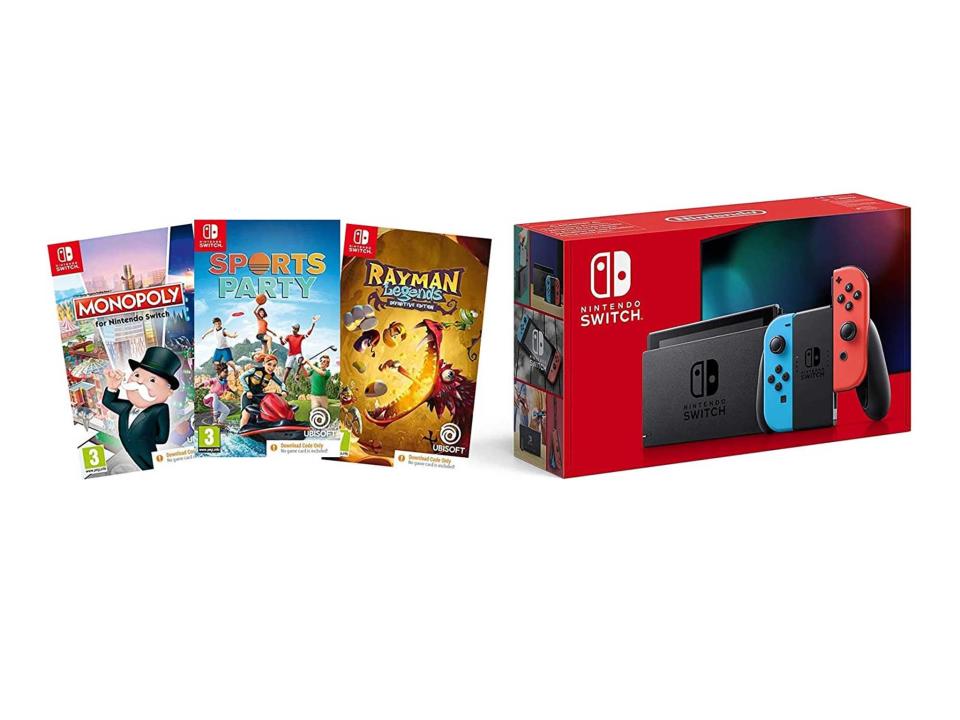 Nintendo Switch neon, red/blue, with ‘Sports Party’, ‘Rayman Legends’ and ‘Monopoly’: Was £321.99, now £299.99, Amazon.co.uk (Amazon)