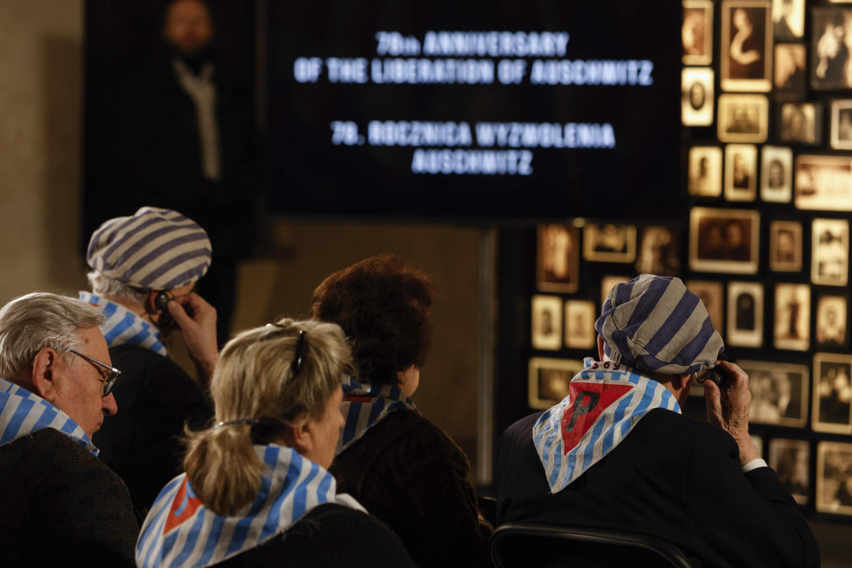 Holocaust survivors attend a ceremony in the former Nazi German concentration and extermination camp Auschwitz during ceremonies marking the 78th anniversary of the liberation of the camp in Brzezinka, Poland, Friday, Jan. 27, 2023. (AP Photo/Michal Dyjuk)