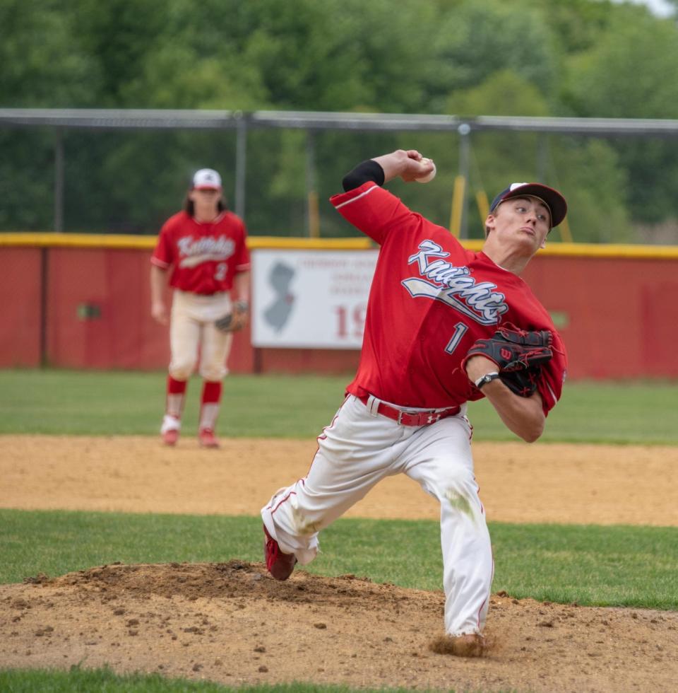 Wall, with outfielder/pitcher Teddy Sharkey, shown pitching on May 23 in a NJSIAA Central Group III quarterfinal-round game against Colts Neck, as one of its best players, is ranked No. 1 this week in the Asbury Park Press Top 10