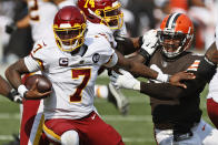 Washington Football Team quarterback Dwayne Haskins (7) scrambles during the second half of an NFL football game against the Cleveland Browns, Sunday, Sept. 27, 2020, in Cleveland. (AP Photo/Ron Schwane)