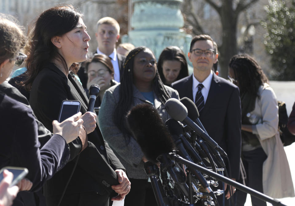 Rikelman speaks to abortion rights supporters after the U.S. Supreme Court heard oral arguments on March 4, 2020<span class="copyright">Alyssa Schukar—Center for Reproductive Rights/AP</span>