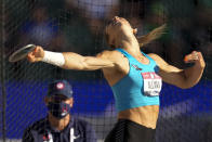 Valarie Allman competes during the finals of women's discus throw at the U.S. Olympic Track and Field Trials Saturday, June 19, 2021, in Eugene, Ore. (AP Photo/Charlie Riedel)