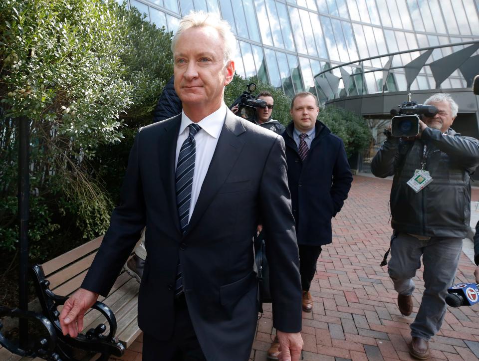 Toby MacFarlane departs federal court in Boston on Wednesday, April 3, 2019, after facing charges in a nationwide college admissions bribery scandal. (AP Photos/Michael Dwyer) ORG XMIT: NYOTK