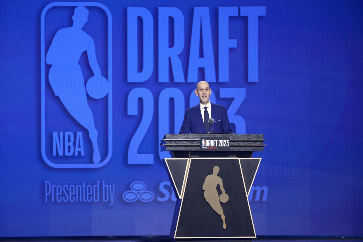 NEW YORK, NEW YORK - JUNE 22: NBA commissioner Adam Silver speaks during the first round of the 2023 NBA Draft at Barclays Center on June 22, 2023 in the Brooklyn borough of New York City. NOTE TO USER: User expressly acknowledges and agrees that, by downloading and or using this photograph, User is consenting to the terms and conditions of the Getty Images License Agreement. (Photo by Sarah Stier/Getty Images)