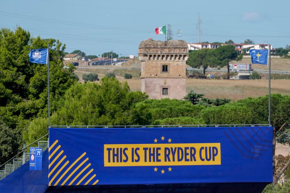 A view of the 11th-century castle belonging to fashion designer and owner of the Marco Simone Golf Club Lavinia Biagiotti Cigna, in Guidonia Montecelio, Monday, Sept. 25, 2023. The Marco Simone Club on the outskirts of Rome will host the 44th edition of The Ryder Cup, the biennial competition between Europe and the United States headed to Italy for the first time. (AP Photo/Andrew Medichini)