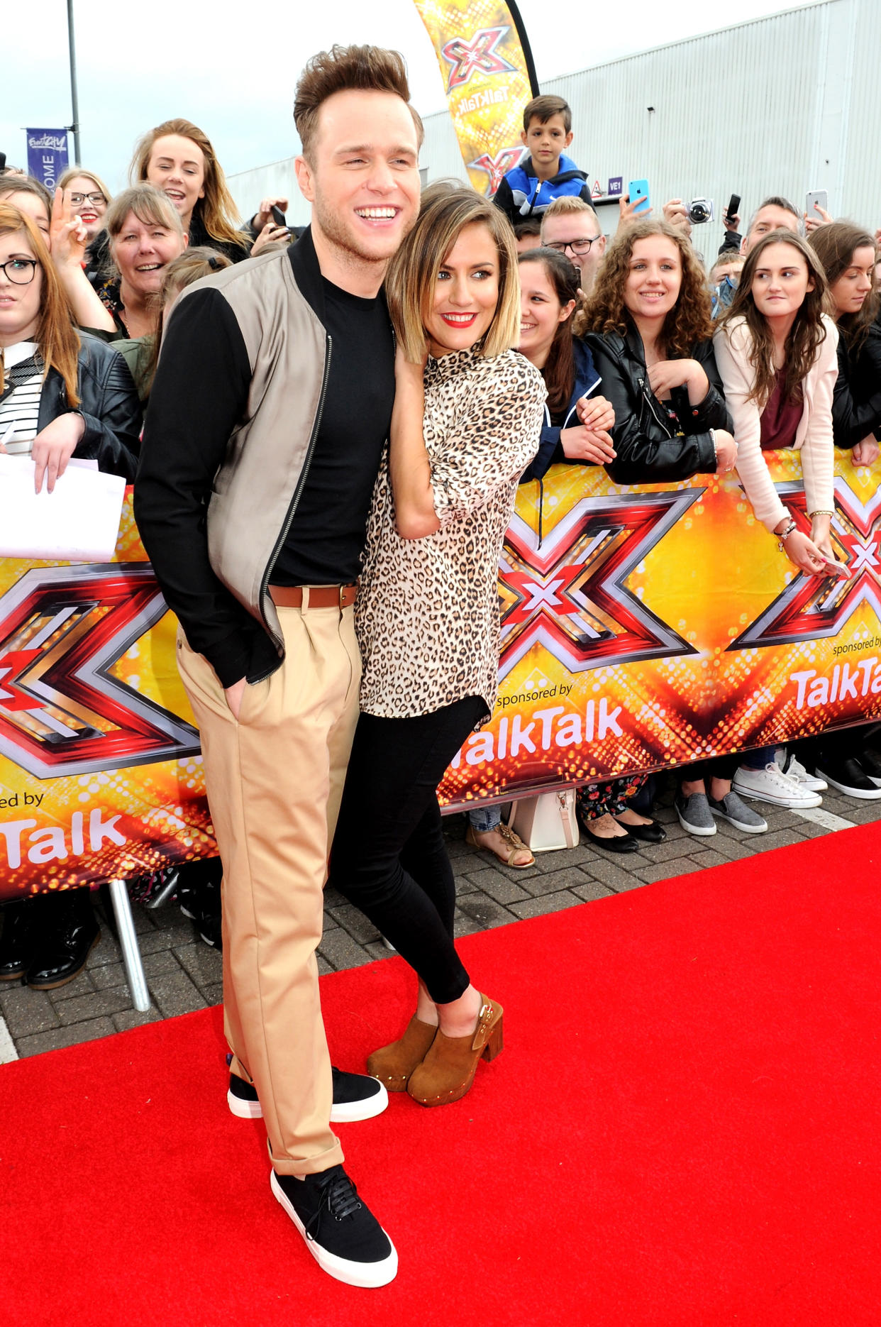 MANCHESTER, ENGLAND - JULY 08:  Caroline Flack and Olly Murs attend the first auditions for The X Factor 2015 on July 8, 2015 at Event City in Manchester, England.  (Photo by Shirlaine Forrest/Getty Images)