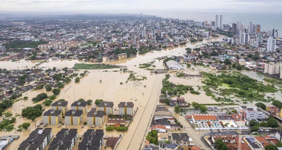 RECIFE, BRAZIL - MAY 29: An aerial view from Olinda region of Recife after floods and landslides caused by heavy rains in Pernambuco, Brazil on May 29, 2022. (Photo by Diogo Duarte/Anadolu Agency via Getty Images)