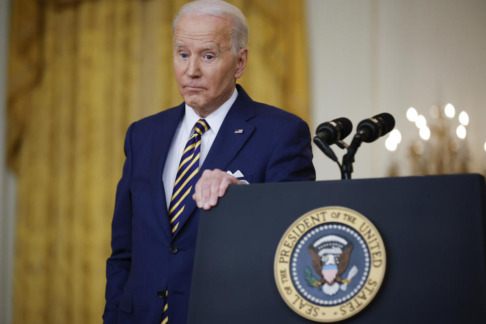 U.S. President Joe Biden answers questions during a news conference in the East Room of the White House on January 19, 2022 in Washington, DC. (Photo by Chip Somodevilla/Getty Images)