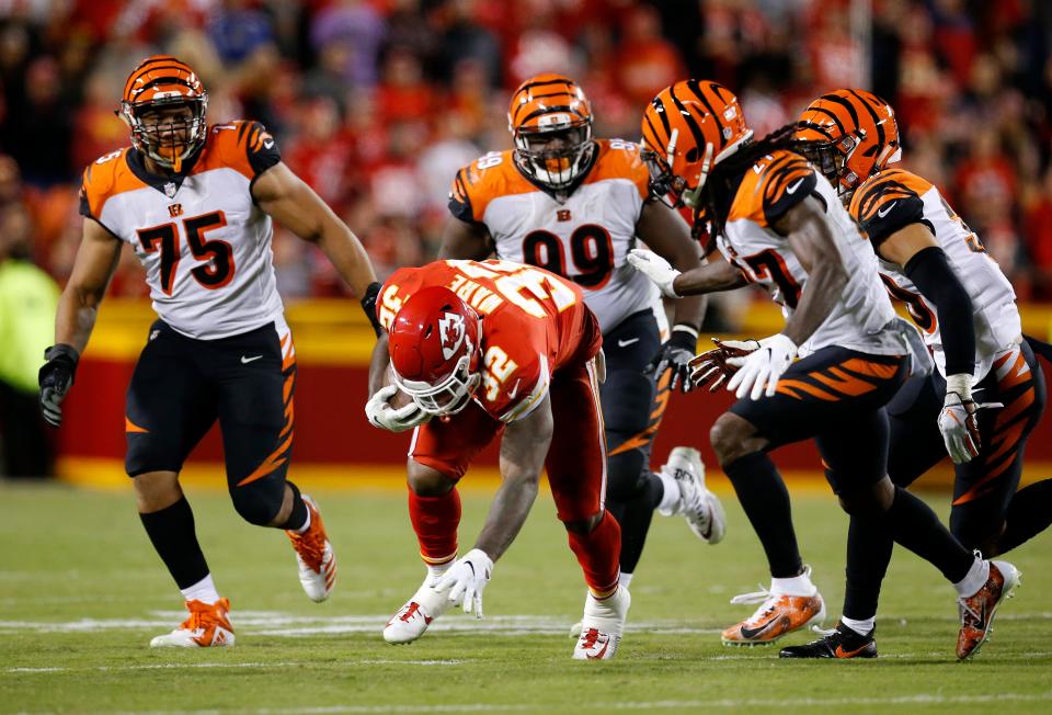 Kansas City Chiefs running back Spencer Ware (32) vs. the Bengals in 2018. He played for Princeton in the Skyline Chili Crosstown Showdown.