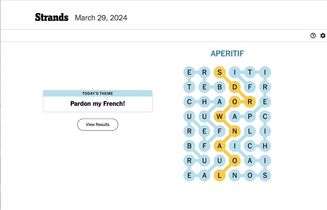 The completed March 29 puzzle. (Strands)