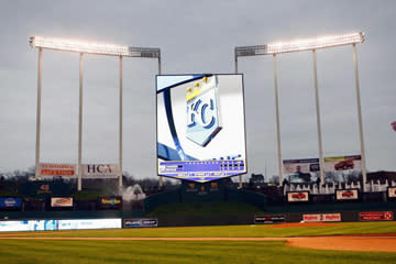 <b>The Royals' screen in Kansas City, Mo., shown on April 9, 2008, before a game against the New York Yankees, towers over the stadium.</b> G. Newman Lowrance/<a class="link " href="http://www.gettyimages.com" rel="nofollow noopener" target="_blank" data-ylk="slk:Getty Images;elm:context_link;itc:0;sec:content-canvas">Getty Images</a>
