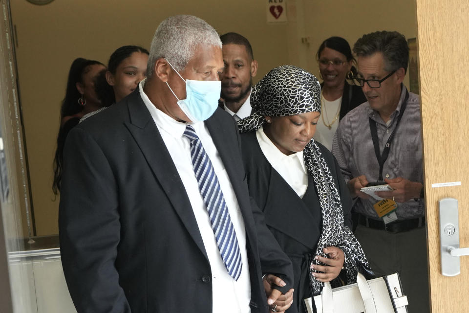 Edward Franklin, son of music superstar Aretha Franklin and wife Tonja leave court, Tuesday, July 11, 2023, in Pontiac, Mich. A document handwritten by singer Aretha Franklin and found in her couch after her 2018 death is a valid Michigan will, a jury said Tuesday, a critical turn in a dispute that has turned her sons against each other. (AP Photo/Carlos Osorio)