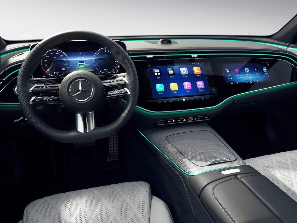 Mercedes Benz 2024 E-class interior shows expanded touchscreen and selfie camera
