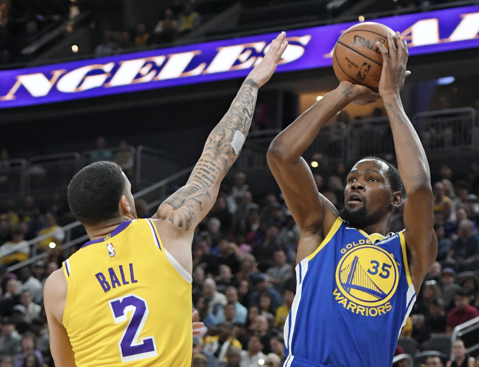 Lakers guard Lonzo Ball covered up his Big Baller Brand logo Wednesday. (Getty Images)