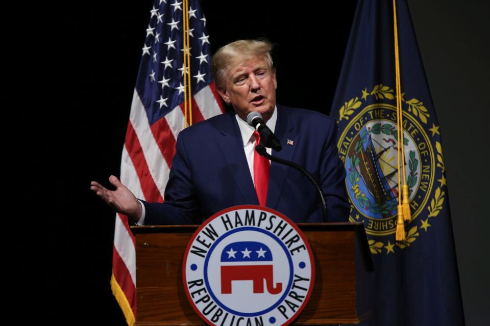 Former President Donald Trump speaks during the New Hampshire Republican State Committee 2023 annual meeting, Saturday, Jan. 28, 2023, in Salem, N.H.