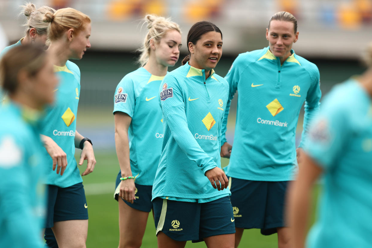 BRISBANE, AUSTRALIA - JULY 17: Sam Kerr during an Australia Matildas training session ahead of the FIFA Women's World Cup Australia & New Zealand 2023 Group B match between Australia and Ireland at Queensland Sport and Athletics Centre on July 17, 2023 in Brisbane, Australia. (Photo by Chris Hyde/Getty Images)