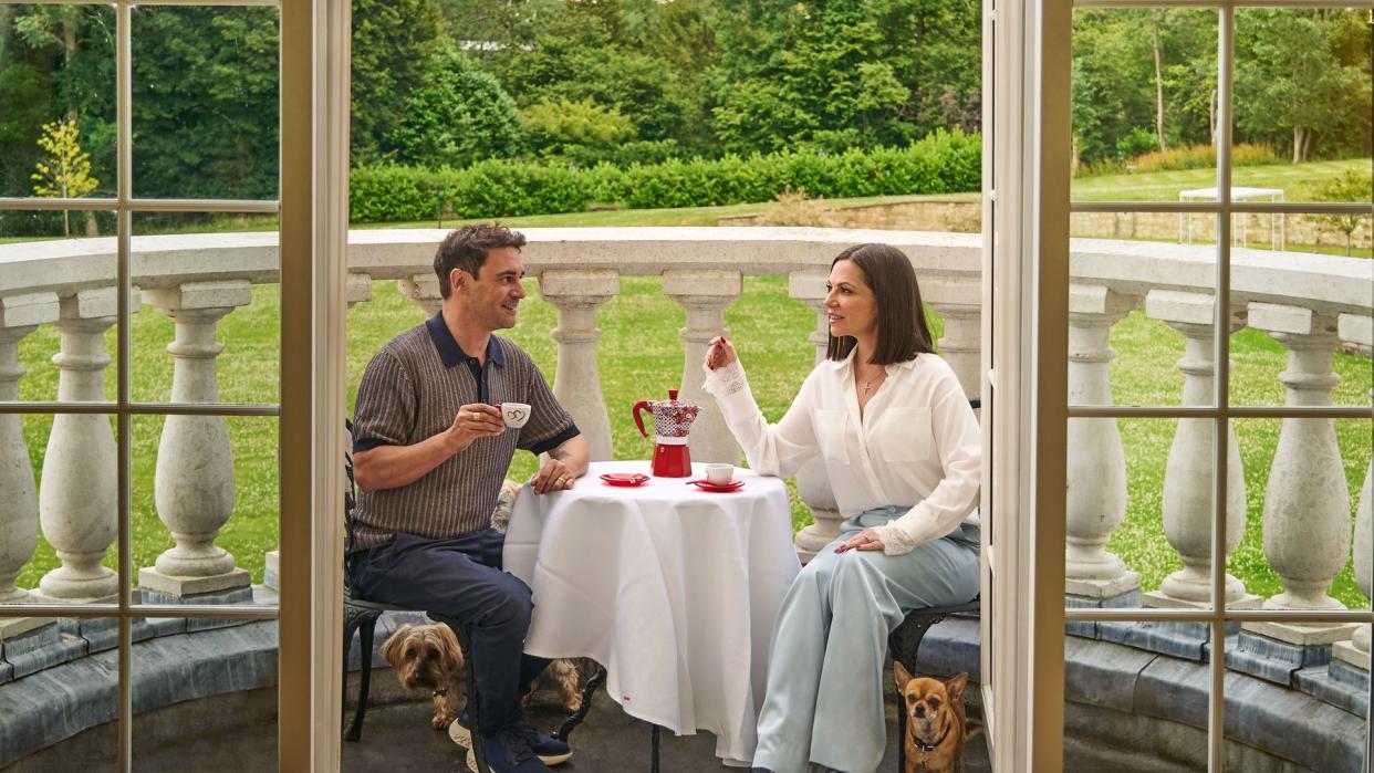 Pierre and Lilia Mascolo drinking coffee at Surrey home Summerdown Manor