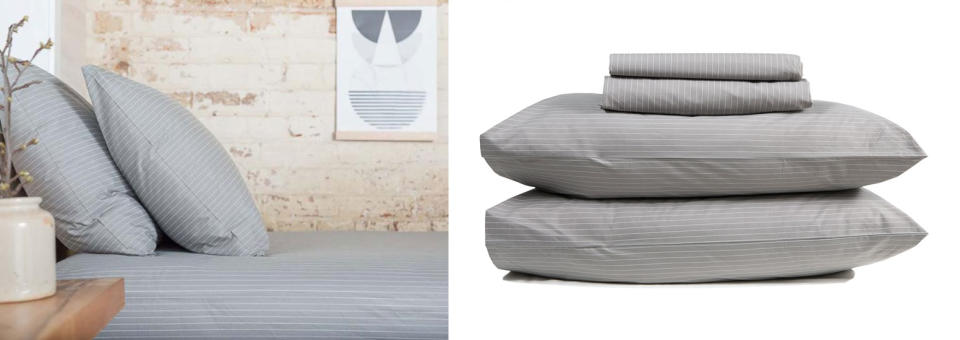 <p>You can help your man do a bit of simple interior decorating by gifting a set of trendy sheets. This set is from The Good Sheet Source: <a rel="nofollow noopener" href="https://www.thegoodsheet.com.au/collections/cotton-sheet-sets/products/percale-sheet-set" target="_blank" data-ylk="slk:The Good Sheet;elm:context_link;itc:0;sec:content-canvas" class="link ">The Good Sheet</a> </p>