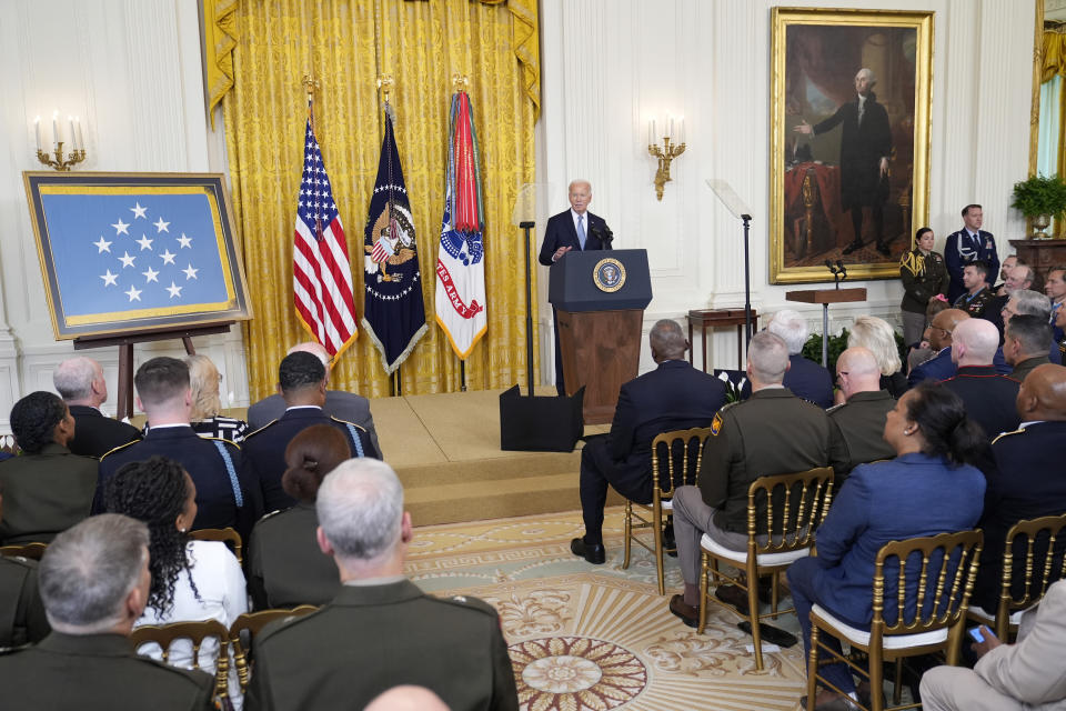 President Joe Biden speaks during a Medal of Honor Ceremony at the White House in Washington, Wednesday, July 3, 2024, posthumously honoring two U.S. Army privates who were part of a daring Union Army contingent that stole a Confederate train during the Civil War. U.S. Army Pvts. Philip G. Shadrach and George D. Wilson were captured by Confederates and executed by hanging. (AP Photo/Susan Walsh)