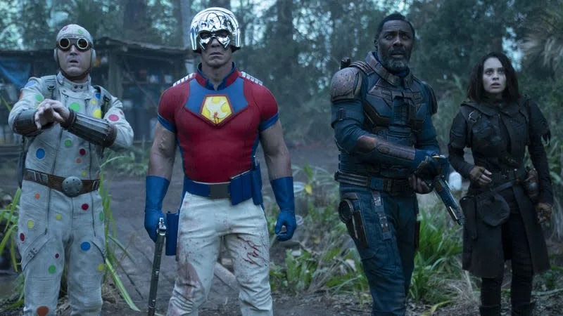 (From left) David Dastmalchian, John Cena, Idris Elba, and Daniela Melchior in The Suicide Squad