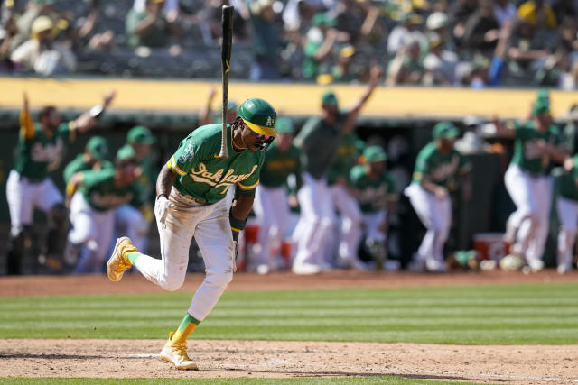 Esteury Ruiz of the Oakland Athletics fields during the game