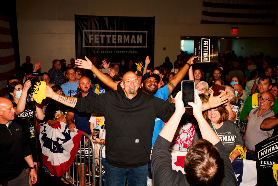 Fetterman on Aug. 12 at his first campaign rally since suffering a stroke in May.<span class="copyright">Dustin Franz—AFP/Getty Images</span>