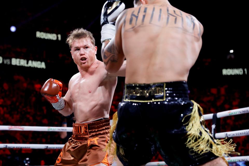 LAS VEGAS, NEVADA - SEPTEMBER 14: WBC/WBA/WBO super middleweight champion Canelo Alvarez punches Edgar Berlanga during the first round of a title fight at T-Mobile Arena on September 14, 2024 in Las Vegas, Nevada. (Photo by Steve Marcus/Getty Images)