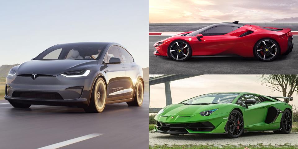 The Tesla Model X Plaid (left), Ferrari SF90 Stradale (top left), and Lamborghini Aventador SVJ (bottom left)