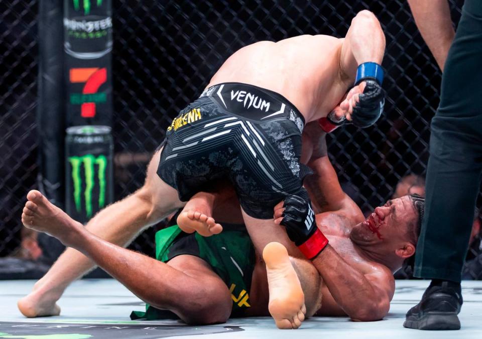 Gilbert Burns of Brazil fights against Jack Della Maddalena of Australia during their welterweight title match during the UFC 299 event at the Kaseya Center on Saturday, March 9, 2024, in downtown Miami, Fla.