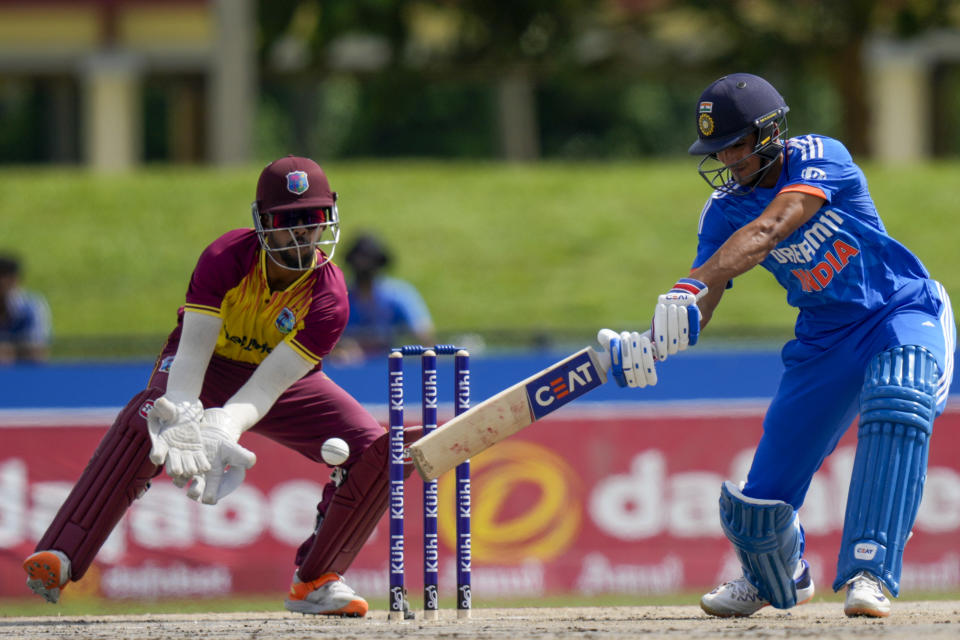 India's Shubman Gill plays a shot against West Indies during the fifth T20 cricket match at Central Broward Regional Park in Lauderhill, Fla, Sunday, Aug. 13, 2023. (AP Photo/Ramon Espinosa)