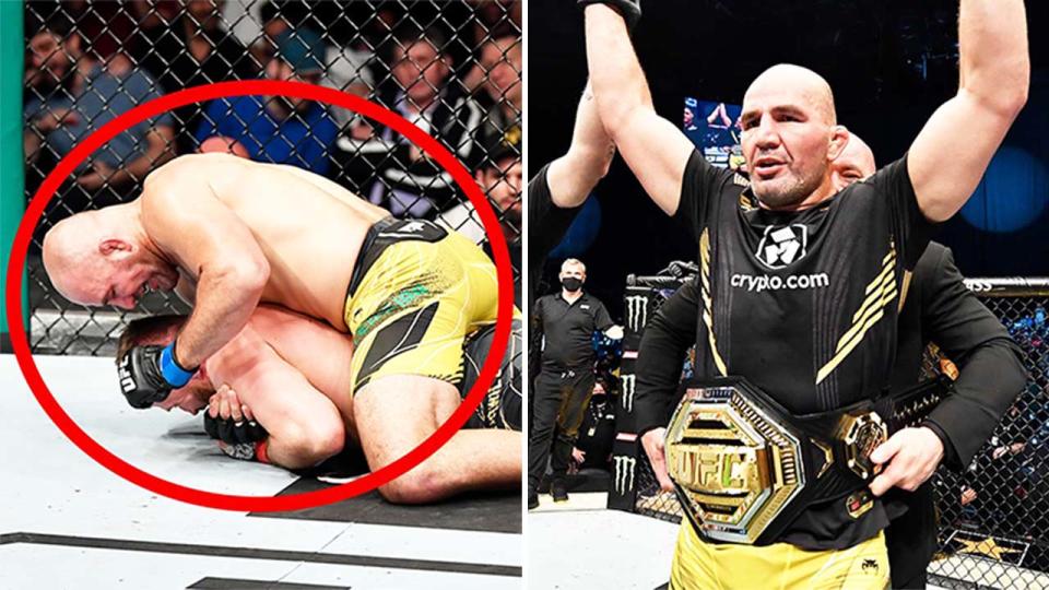 Glover Teixeira (pictured right) celebrating after submitting Jan Blachowicz (pictured left).