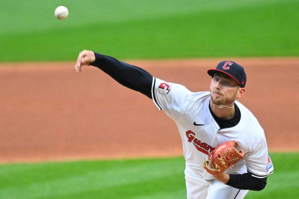 Apr 10, 2024; Cleveland, Ohio, USA; Cleveland Guardians pitcher Tanner Bibee (28) delivers a pitch first inning against the Chicago White Sox at Progressive Field. Mandatory Credit: David Richard-USA TODAY Sports