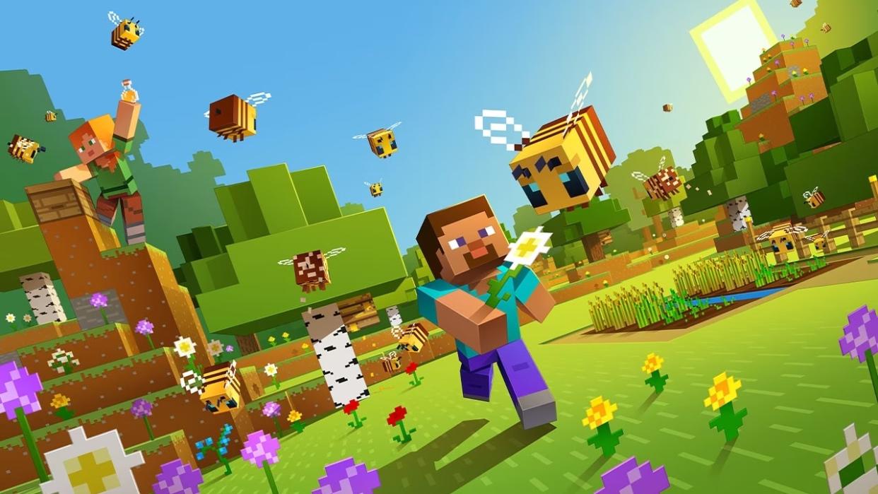  Minecraft character running through field with bees. 