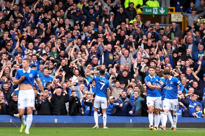 Dwight McNeil celebrates after scoring a goal to make it 2-0 during the match between Everton and Nottingham Forest at Goodison Park on April 21, 2024