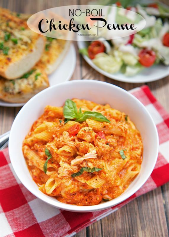 <p>It doesn't get much easier than this cheesy, tasty pasta dish. Just combine, cover and bake. Get the recipe <a href="http://www.plainchicken.com/2016/03/no-boil-chicken-penne.html" rel="nofollow noopener" target="_blank" data-ylk="slk:HERE;elm:context_link;itc:0;sec:content-canvas" class="link "><strong>HERE</strong></a>.</p>