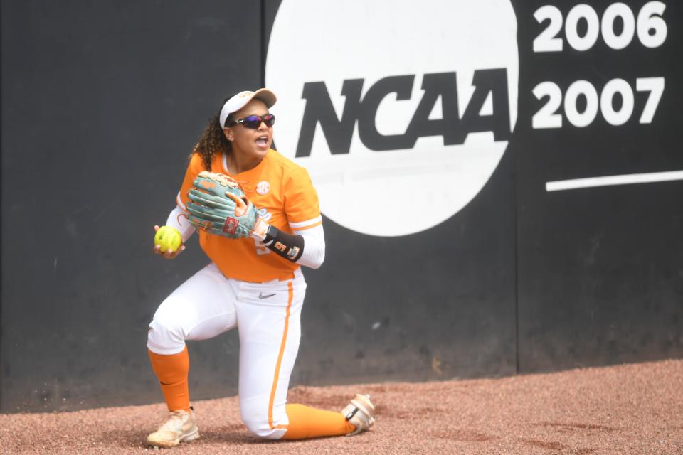 Tennessee catcher/outfielder Rylie West (5) catches a ball before it hits the fence during a Tennessee softball game between Tennessee and LSU, Saturday, April 20, 2024. LSU beat Tennessee 1-0.