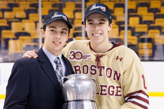 <p>Richard T Gagnon/Getty</p> Matthew and Johnny Gaudreau in 2014