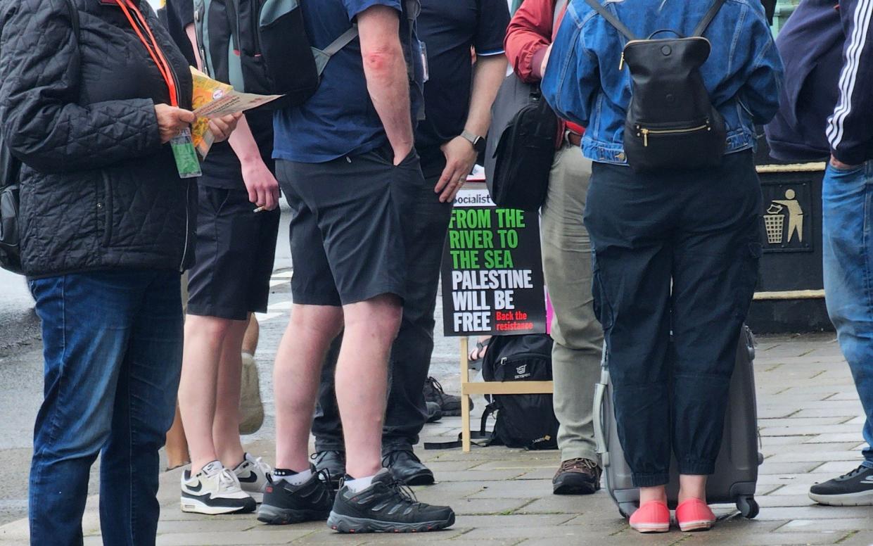 A placard bearing the controversial slogan was seen outside the Brighton Centre during the annual delegate Public and Commercial Services Union conference