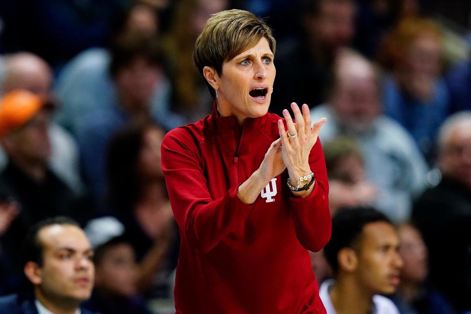 Indiana head coach Teri Moren reacts during the first quarter of a college basketball game against Connecticut in the Sweet Sixteen round of the NCAA women's tournament, Saturday, March 26, 2022, in Bridgeport, Conn. (AP Photo/Frank Franklin II)