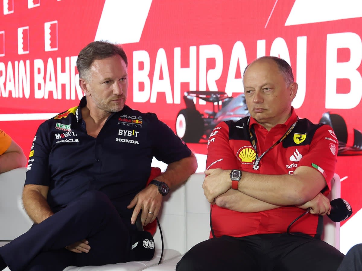 Ferrari (right, team boss Fred Vasseur) are looking to capitalise on the unrest at Christian Horner’s Red Bull (Getty Images)