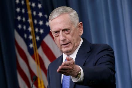 U.S. Defense Secretary James Mattis gestures during a press briefing on the campaign to defeat ISIS at the Pentagon in Washington, U.S., May 19, 2017. REUTERS/Yuri Gripas