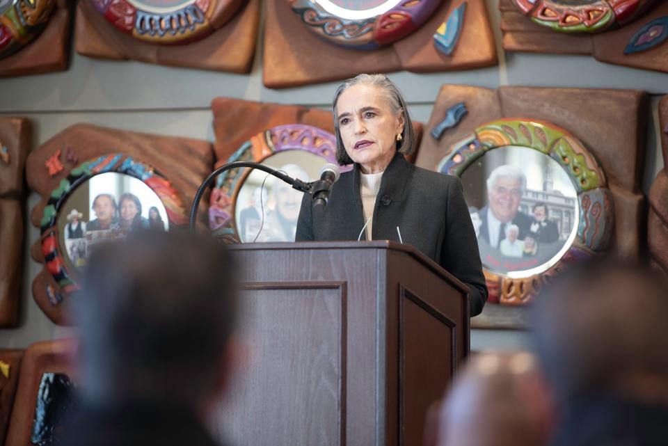 Pueblo Innovative Energy Solutions Advisory Committee member Frances Koncilija speaks during a press conference outlining the committee's recommendations on the future replacement for the Xcel 3 Comanche coal plant on Friday, January 5, 2024.