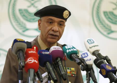 Major General Mansour Al-Turki, a security spokesman from the Saudi Arabian Ministry of Interior, holds a news conference on the executions of 47 people, in Riyadh, Saudi Arabia January 2, 2016. REUTERS/Faisal Al Nasser