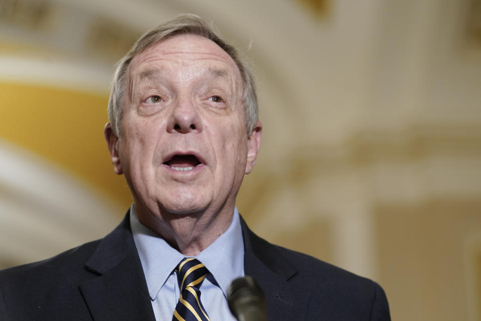 FILE - Sen. Dick Durbin, D-Ill., speaks during a news conference with members of Senate Democratic leadership, Dec. 6, 2022, on Capitol Hill in Washington. Senior Democratic lawmakers have turned sharply more critical of President Joe Biden’s handling of classified materials after the FBI discovered additional items with classified markings at Biden’s home. Durbin declares Biden should be “embarrassed” while Sen. Joe Manchin is urging the president to tell the public, “‘Look, I was irresponsible.”‘ (AP Photo/Mariam Zuhaib, File)