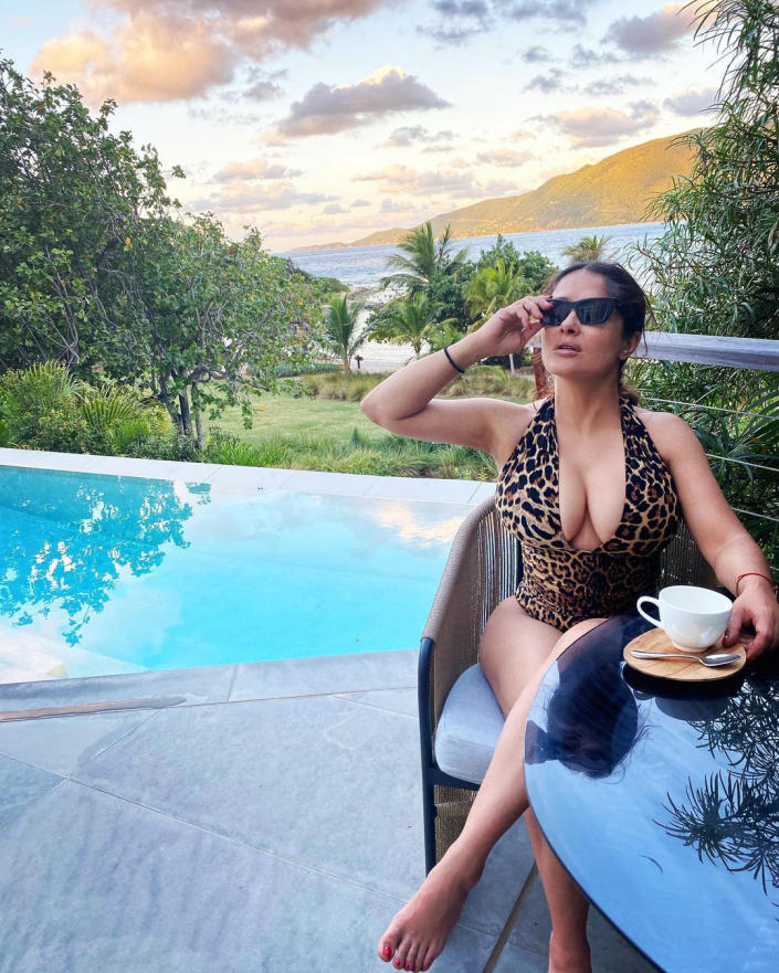 <p>The actress drank her "first #coffee of the first #monday of the first month of a brand new year" in a printed low-cut one-piece — and shared the scenic snap on <a href="https://www.instagram.com/p/CYRcvNEND3A/" rel="nofollow noopener" target="_blank" data-ylk="slk:Instagram" class="link ">Instagram</a>.</p>