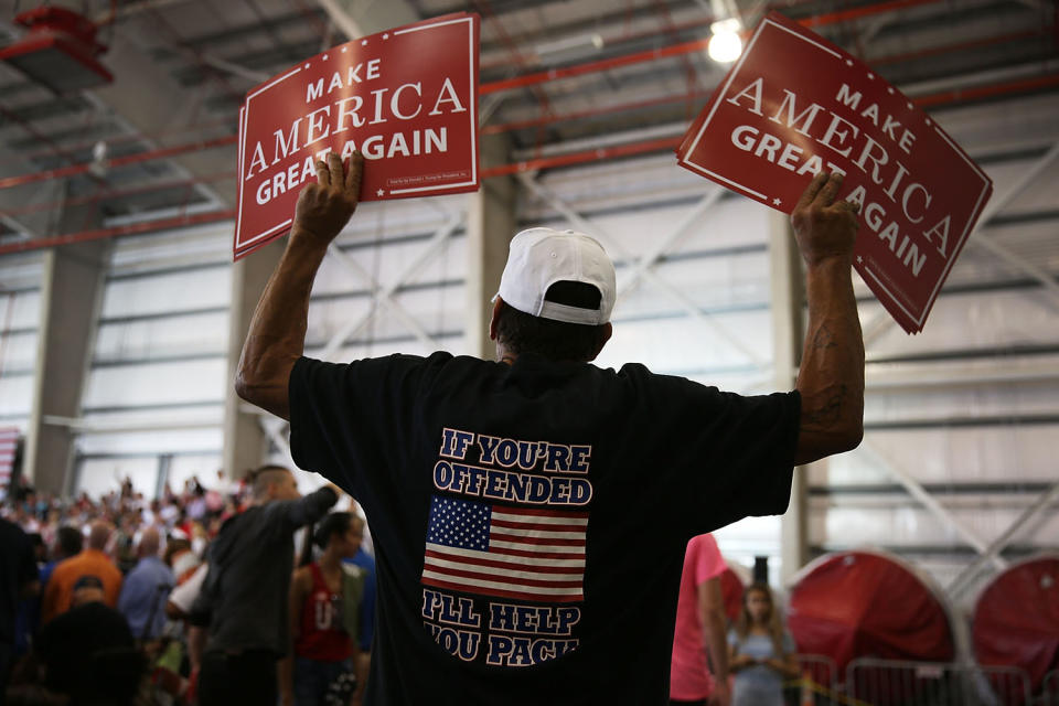 <p>Billy Mauro waits for the arrival of President Donald Trump for a campaign rally at the AeroMod International hangar at Orlando Melbourne International Airport on February 18, 2017 in Melbourne, Florida. (Joe Raedle/Getty Images) </p>