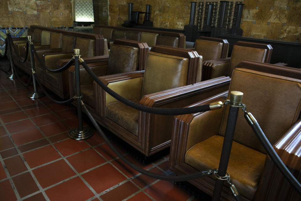 Seats are roped off in the waiting area at Union Station, Monday, July 6, 2020, in Los Angeles. (AP Photo/Jae C. Hong)