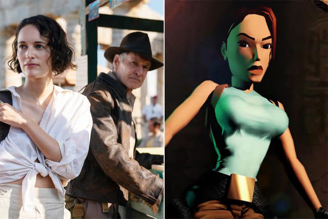 <p>Jonathan Olley / Walt Disney Studios Motion Pictures / Courtesy Everett; Crystal Dynamics</p> Phoebe Waller-Bridge and Harrison Ford in 'Indiana Jones and the Dial of Destiny' ; Lara Croft in 'Tomb Raider'